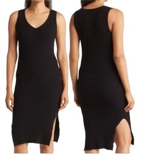 Magaschoni V-Neck Ribbed Sleeveless Sweater Dress Black Size M